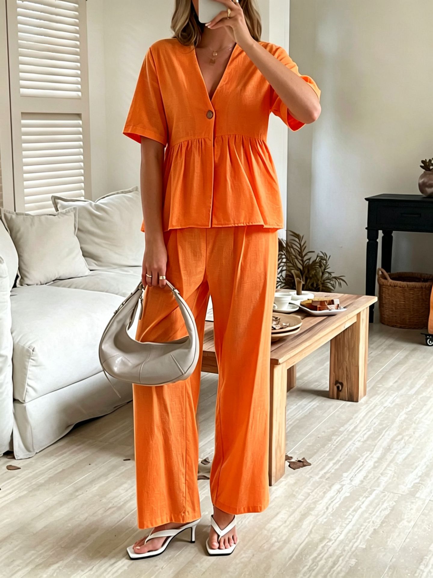 V-neck Loose-fit Short-sleeve Top And Wide-leg Pants Two-piece Set