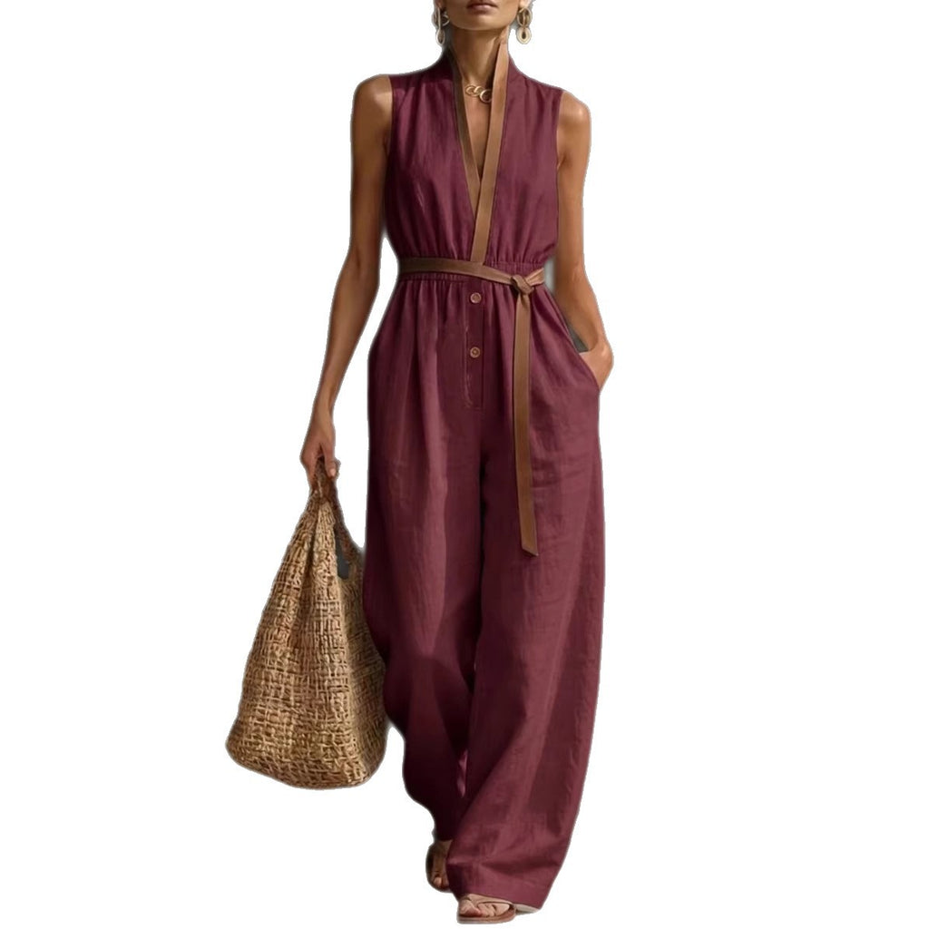 V-neck Fashionable Womens Sleeveless Jumpsuit