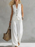Womens Solid-Colored Sleeveless Casual Linen Tank Top And Pants Set