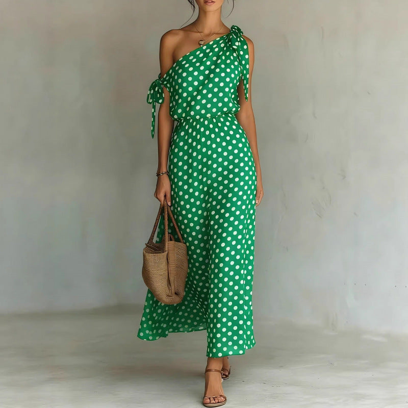 Polka-dot Off-shoulder One-shoulder Womens Dress