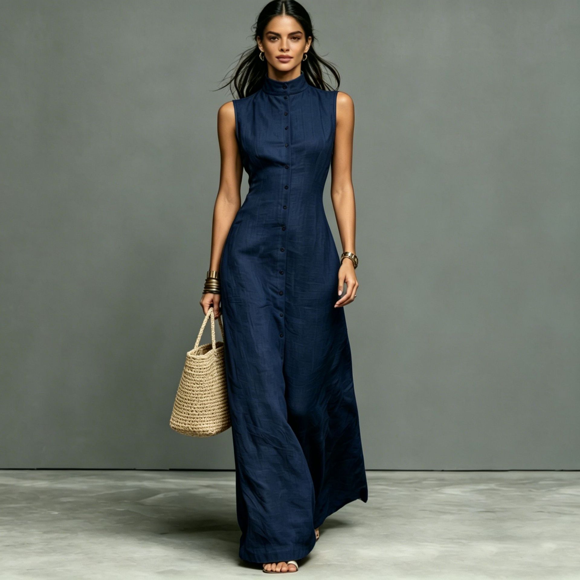 Blended Fabric Stand-up Collar Single-breasted Sleeveless Maxi Dress