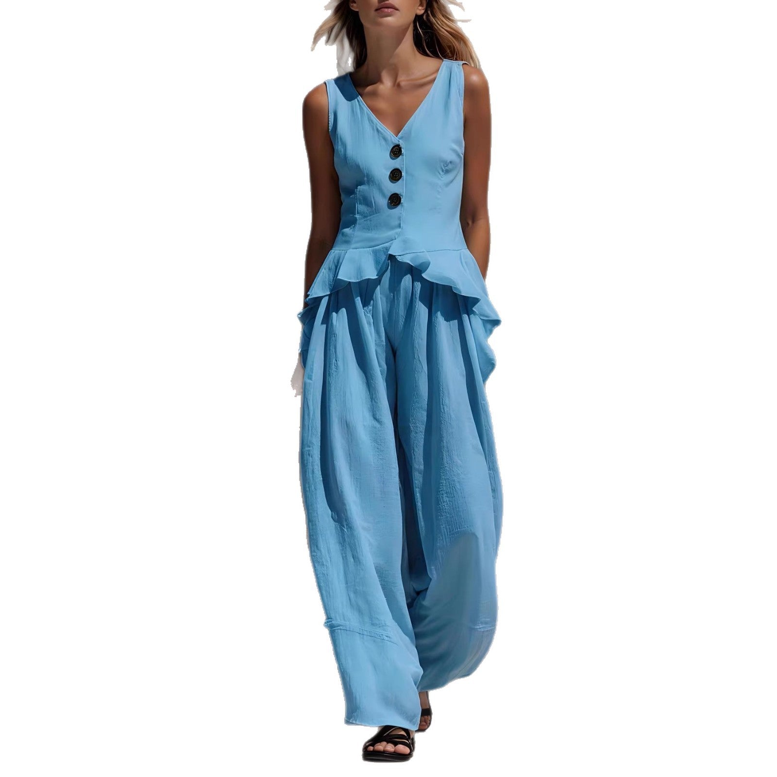 Sleeveless V-neck Ruffled Tank Top Draping Wide-leg Pants Two-piece Set
