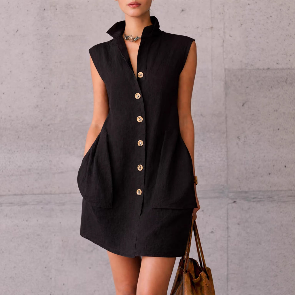 Slimming Sleeveless Stand-Collar Shirt Dress For Summer