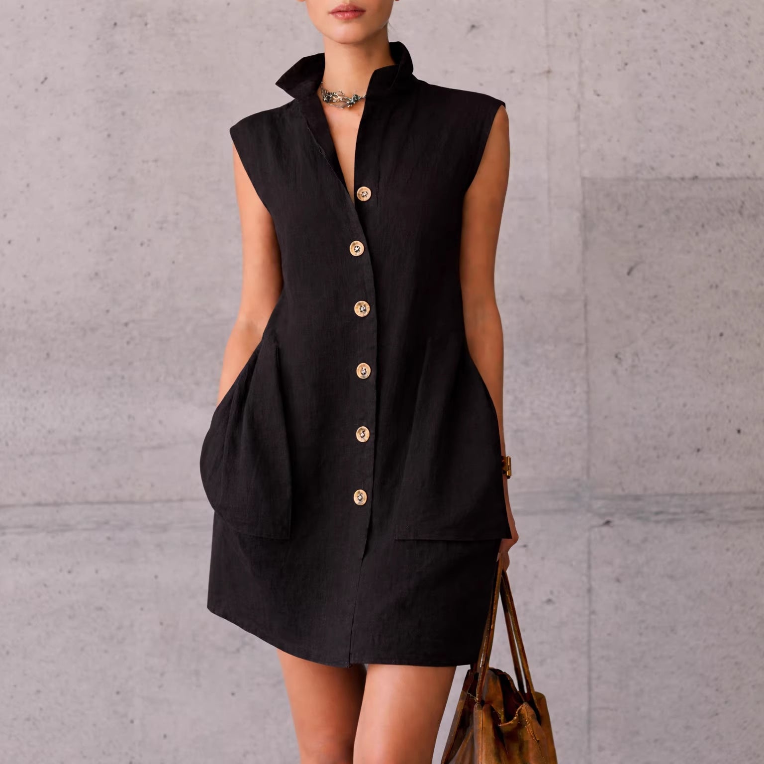 Slimming Sleeveless Stand-Collar Shirt Dress For Summer