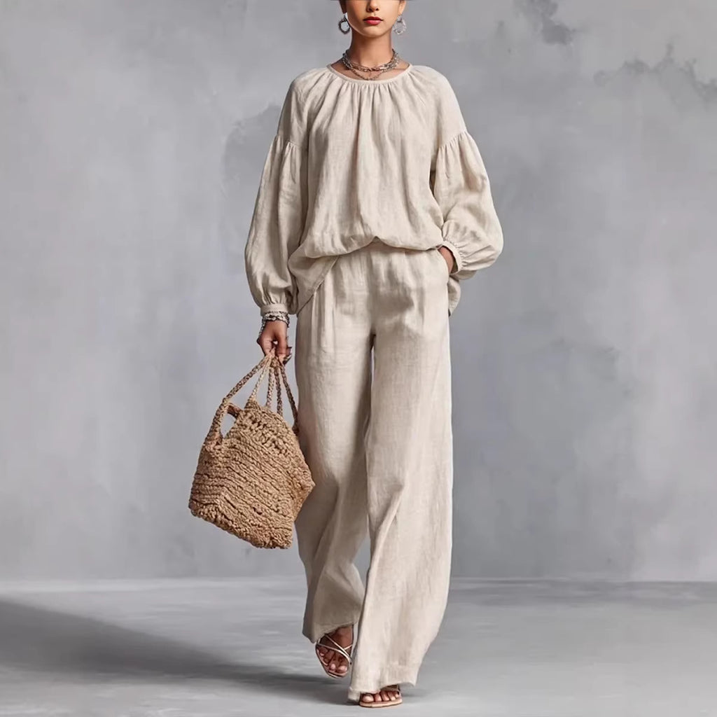Women's Cotton-Linen Lantern-Sleeve Wide-Leg Pants Set