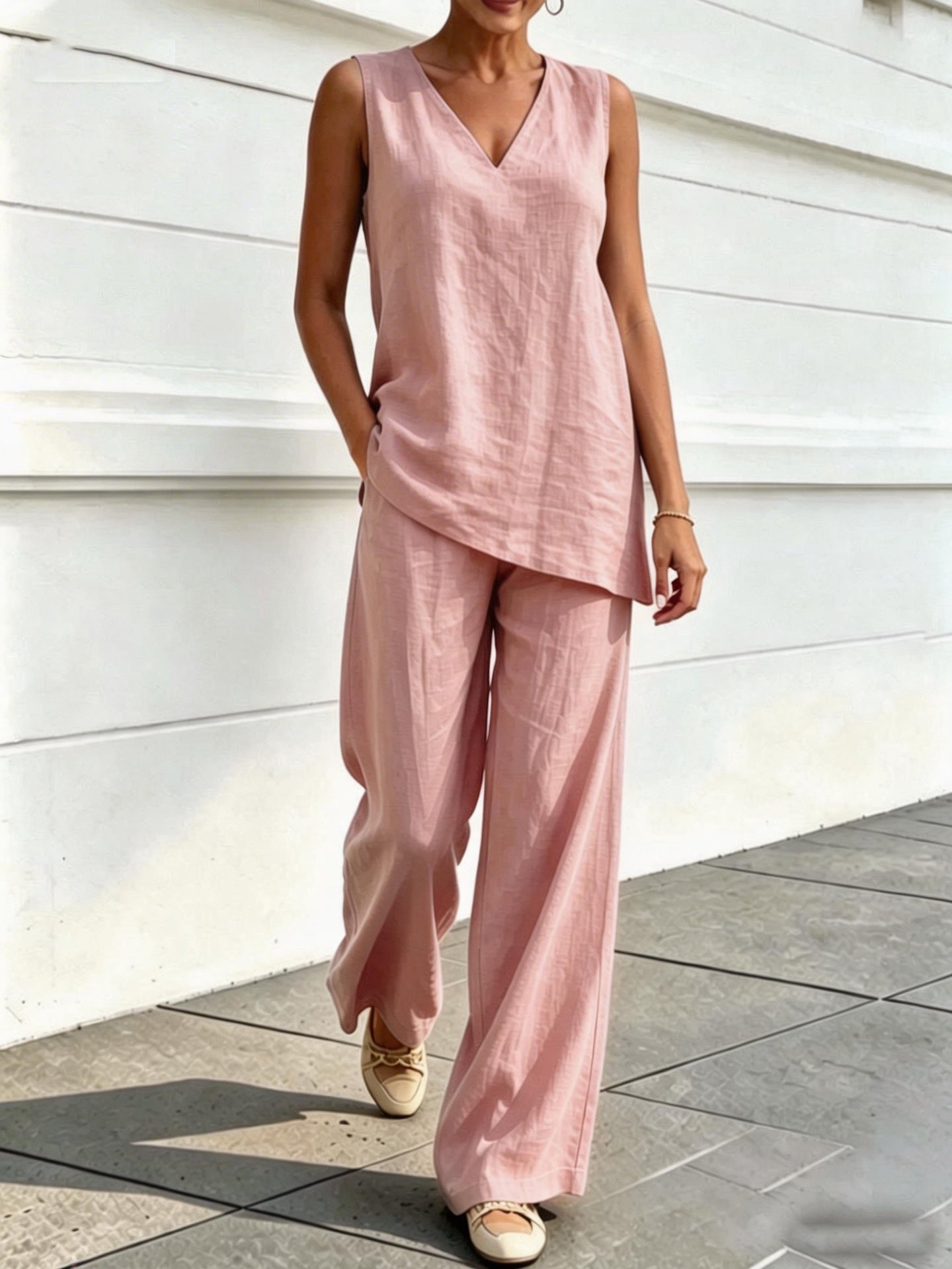 Womens V-neck Sleeveless Cotton-Linen Top And Wide-Leg Pants Set