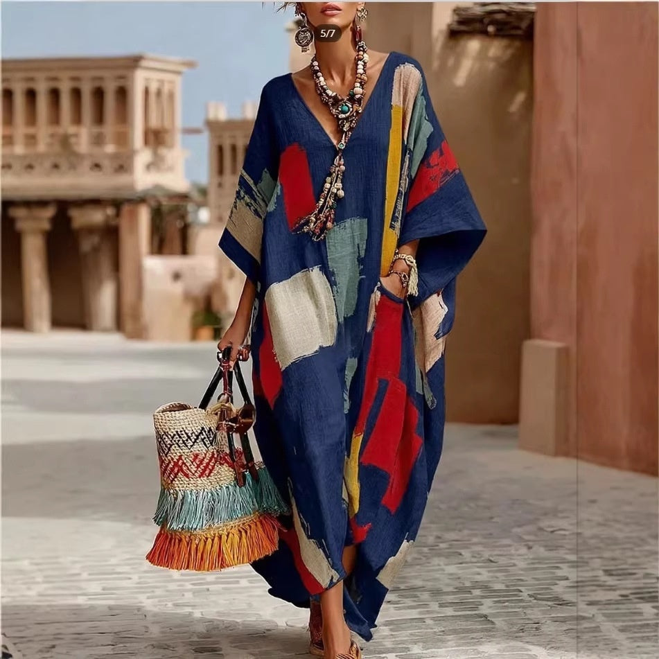 Abstract Print V-Neck Casual Loose Dress