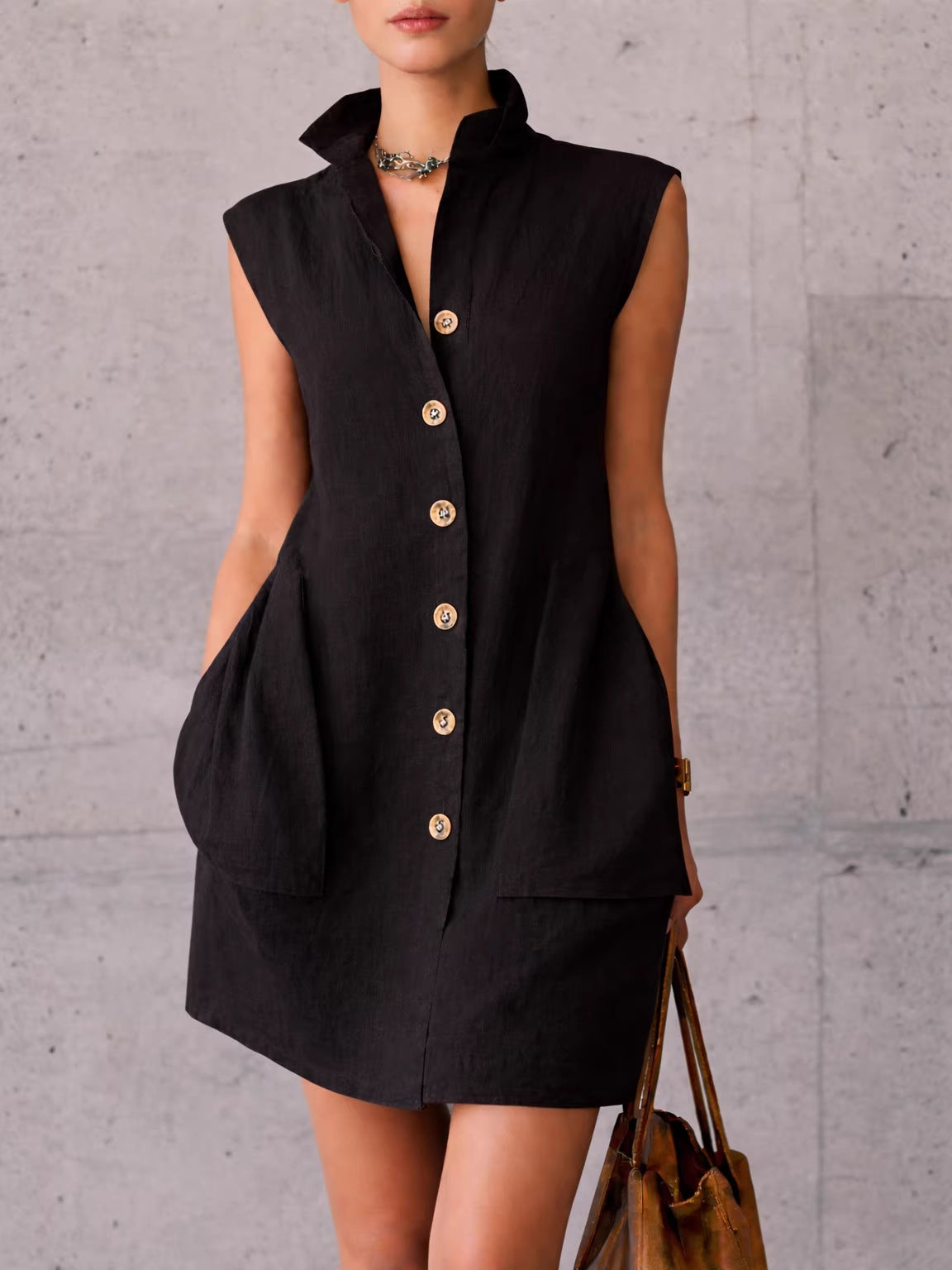 Slimming Sleeveless Stand-Collar Shirt Dress For Summer