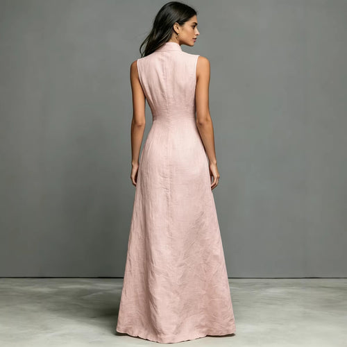 Blended Fabric Stand-up Collar Single-breasted Sleeveless Maxi Dress