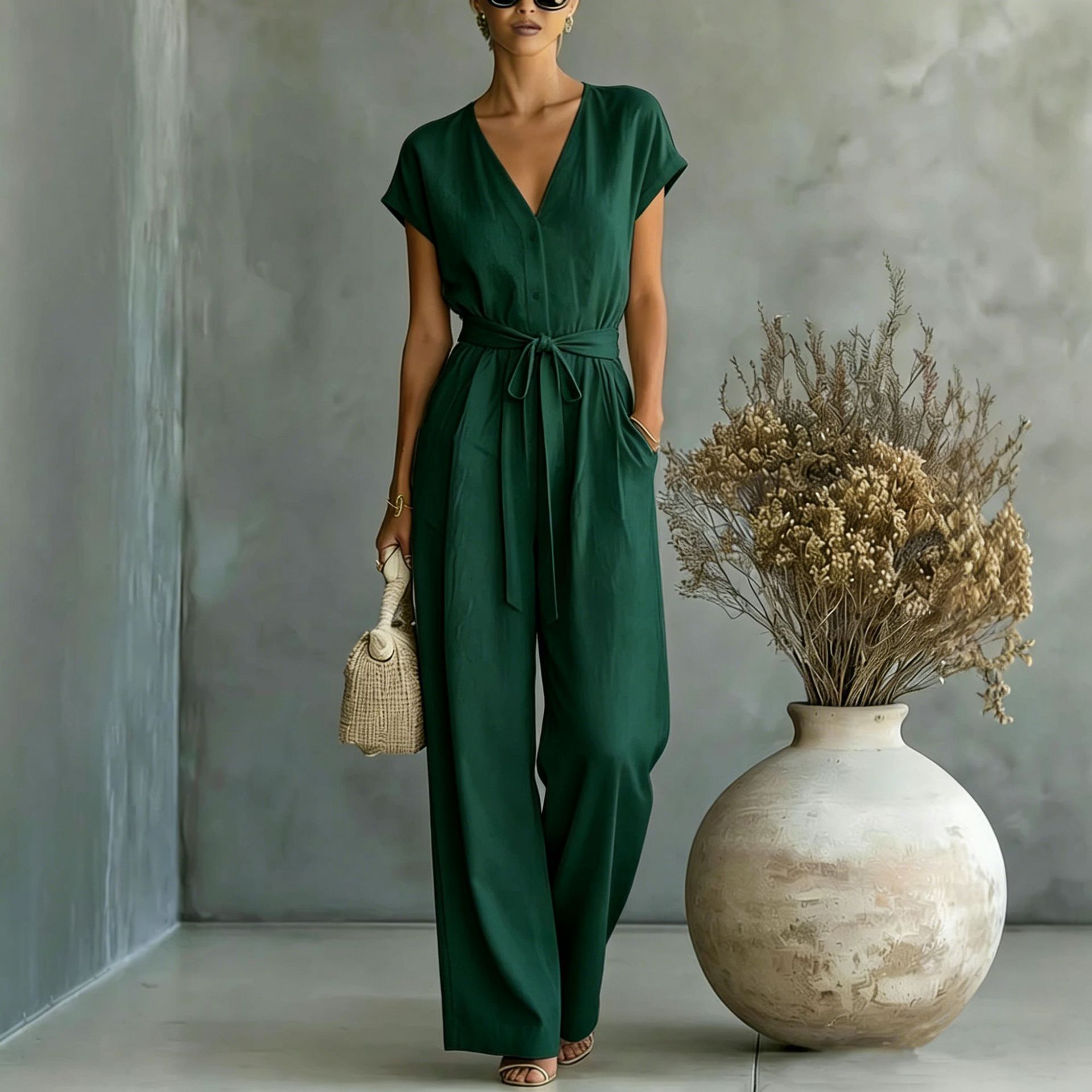 Button-front Belted V-neck Jumpsuit