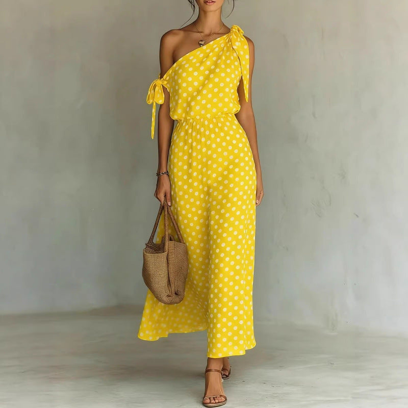 Polka-dot Off-shoulder One-shoulder Womens Dress