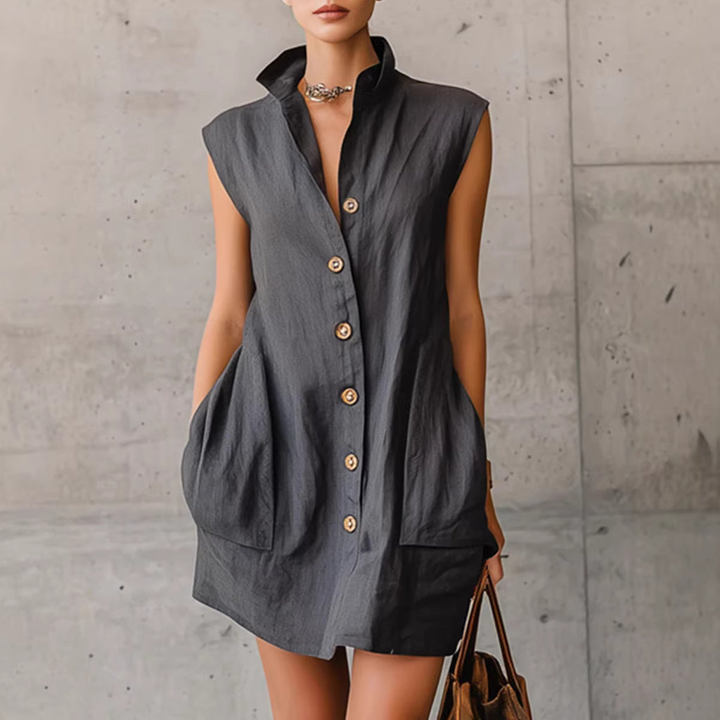 Slimming Sleeveless Stand-Collar Shirt Dress For Summer
