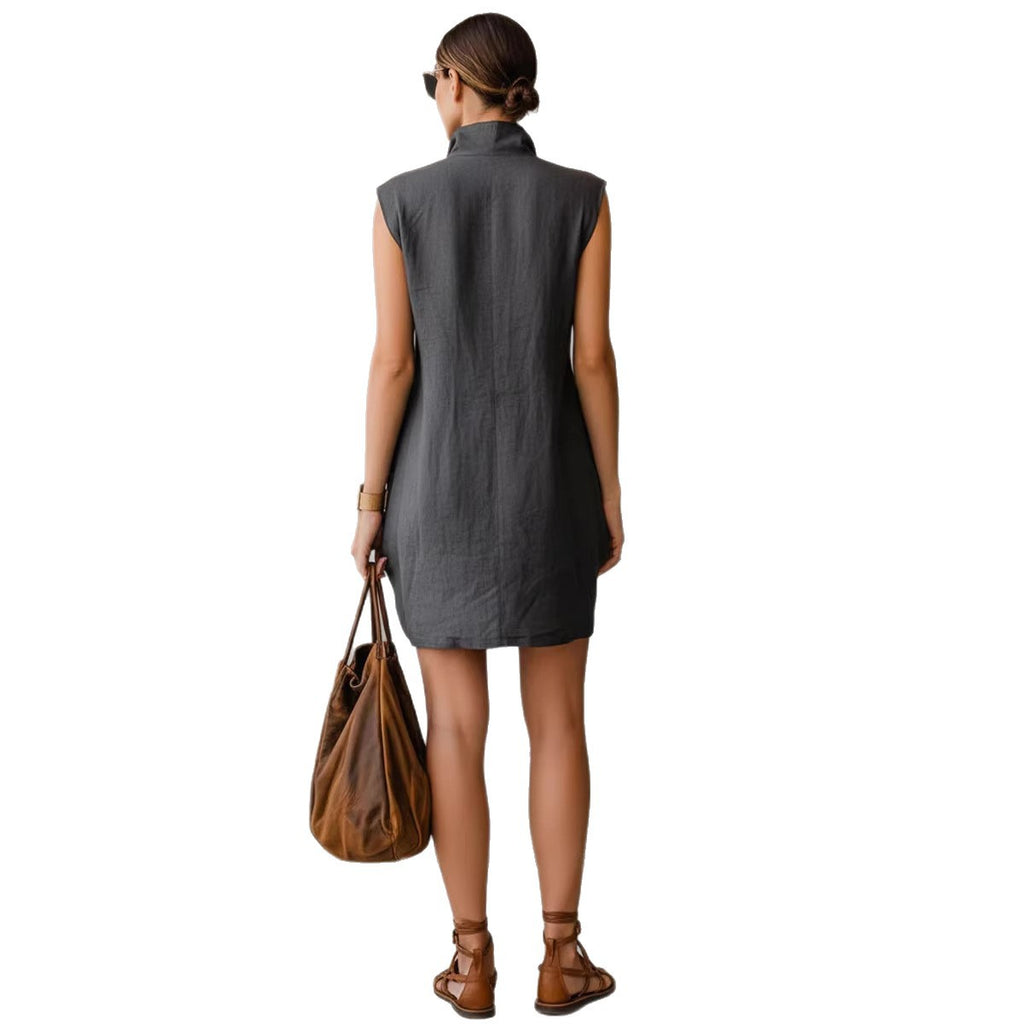 Slimming Sleeveless Stand-Collar Shirt Dress For Summer