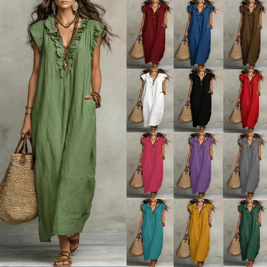 Bohemian Floor-length Dress With Flutter Sleeves