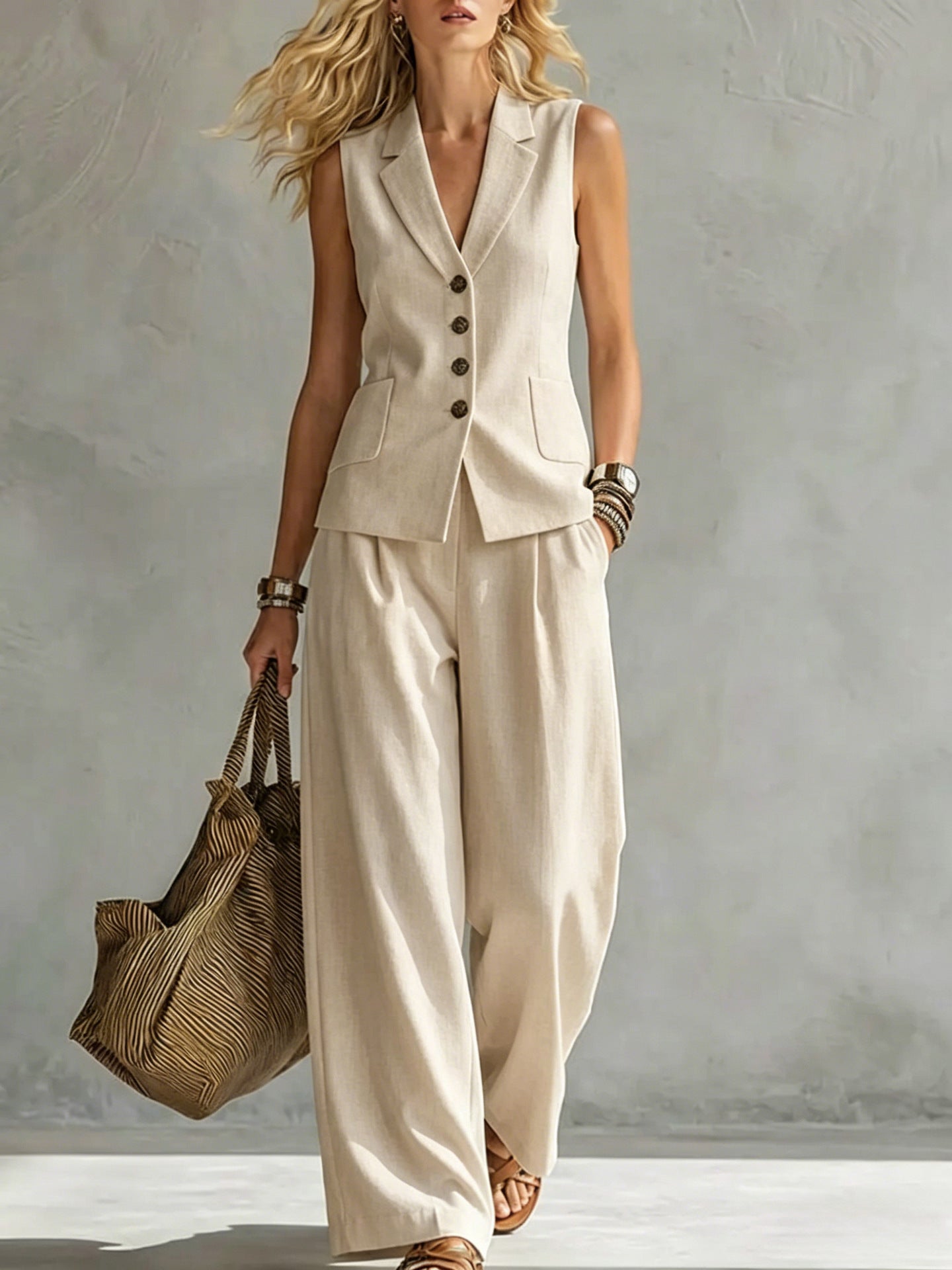 Womens Solid-Colored Sleeveless Casual Linen Tank Top And Pants Set