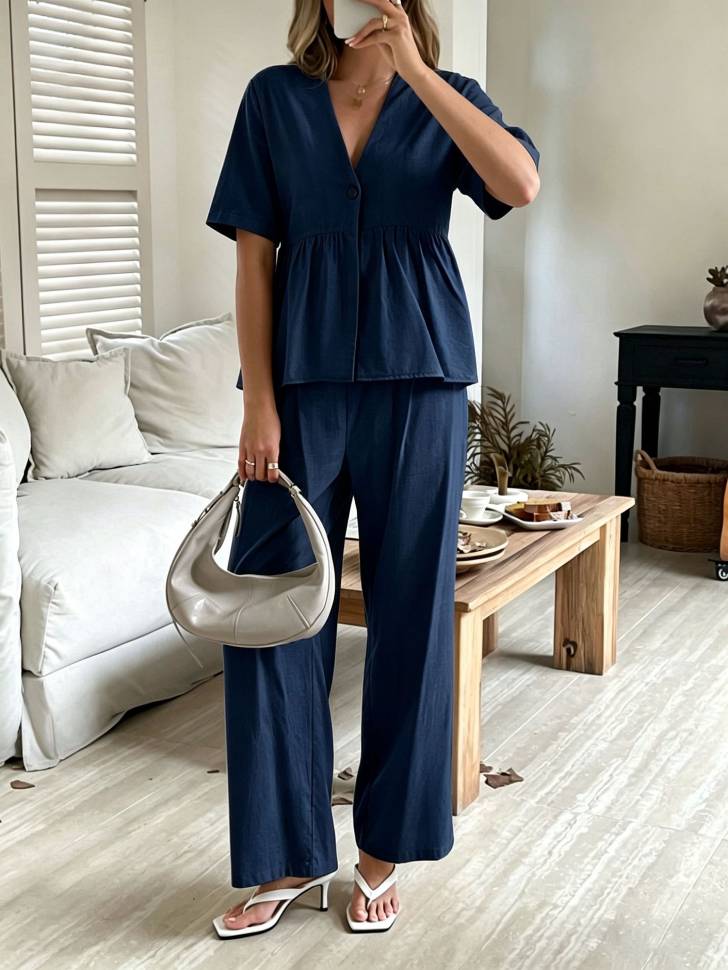 V-neck Loose-fit Short-sleeve Top And Wide-leg Pants Two-piece Set