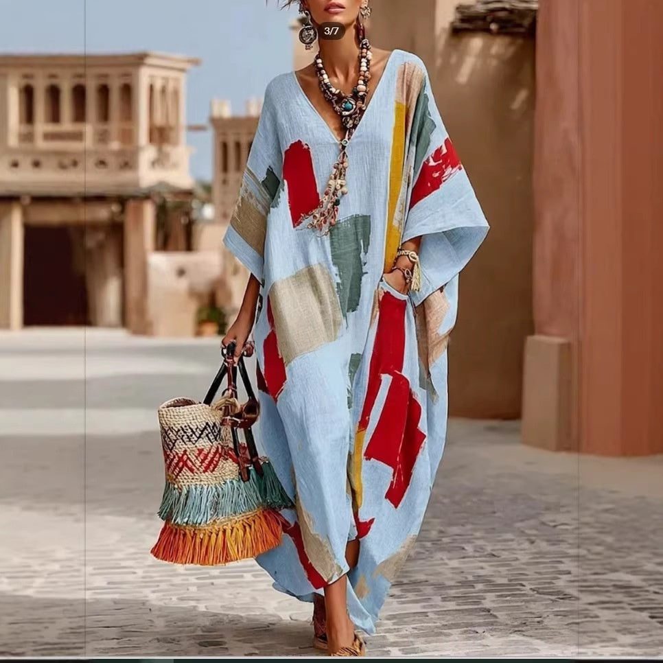 Abstract Print V-Neck Casual Loose Dress