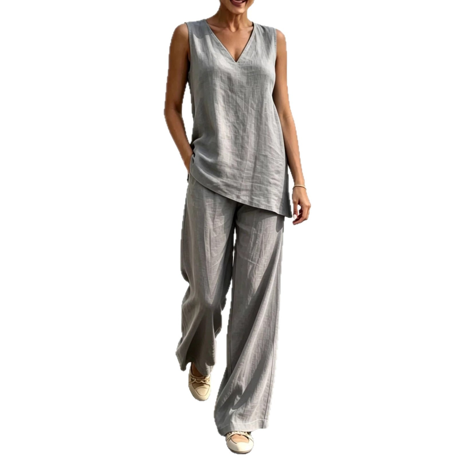 Womens V-neck Sleeveless Cotton-Linen Top And Wide-Leg Pants Set
