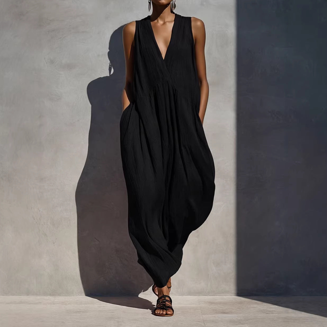 Summer Solid-Color V-Neck Resort-Style Womens Dress