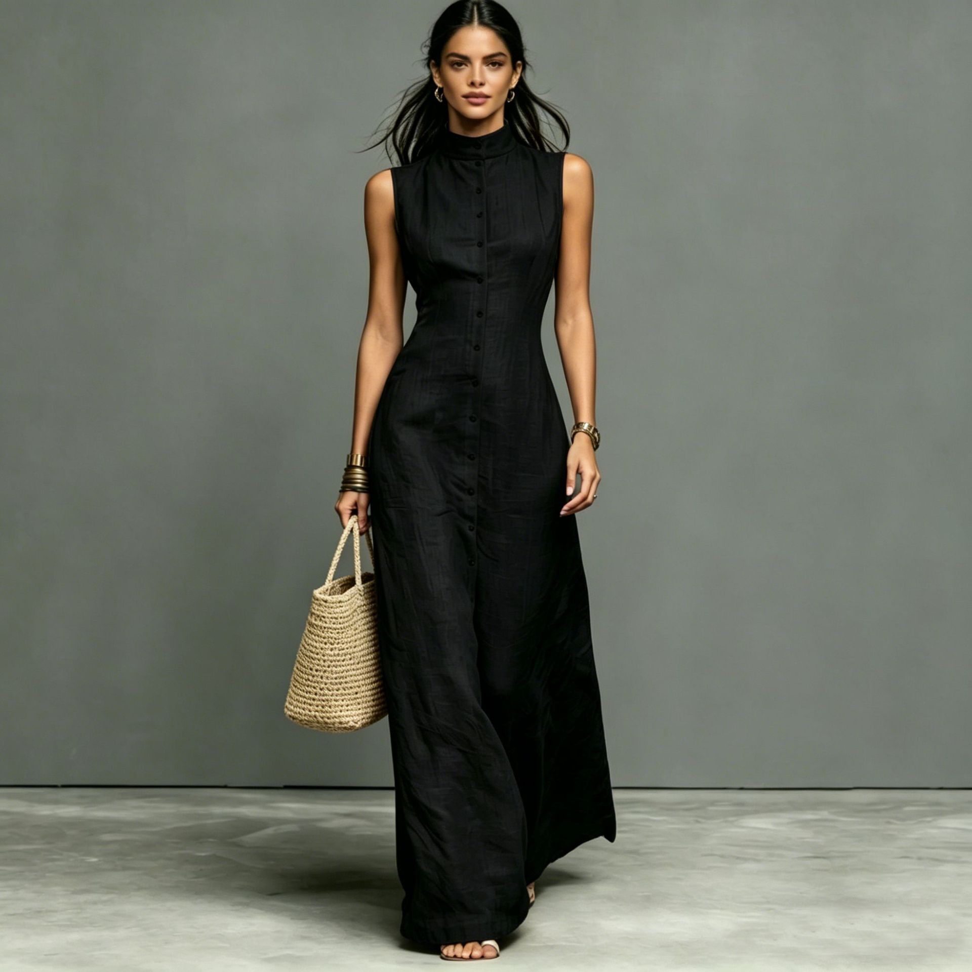 Blended Fabric Stand-up Collar Single-breasted Sleeveless Maxi Dress