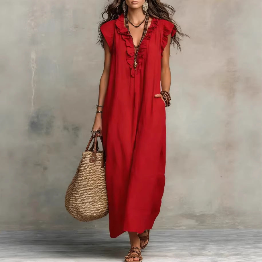 Bohemian Floor-length Dress With Flutter Sleeves