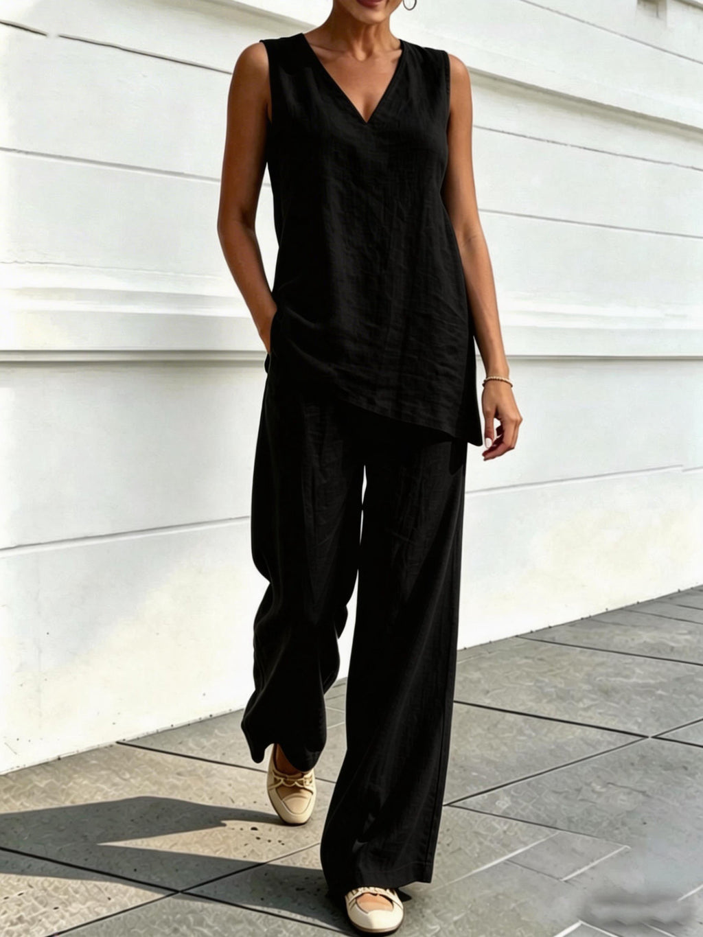 Womens V-neck Sleeveless Cotton-Linen Top And Wide-Leg Pants Set