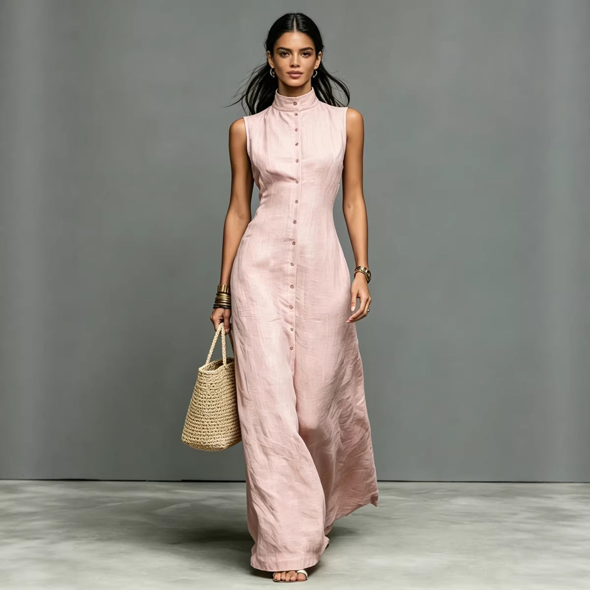 Blended Fabric Stand-up Collar Single-breasted Sleeveless Maxi Dress