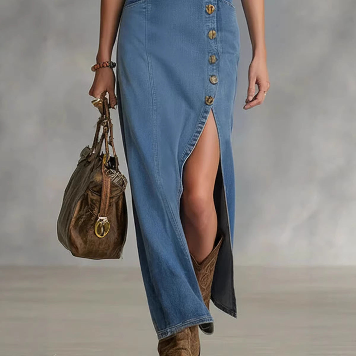 Button-front Sleeveless Denim Dress Vintage Style