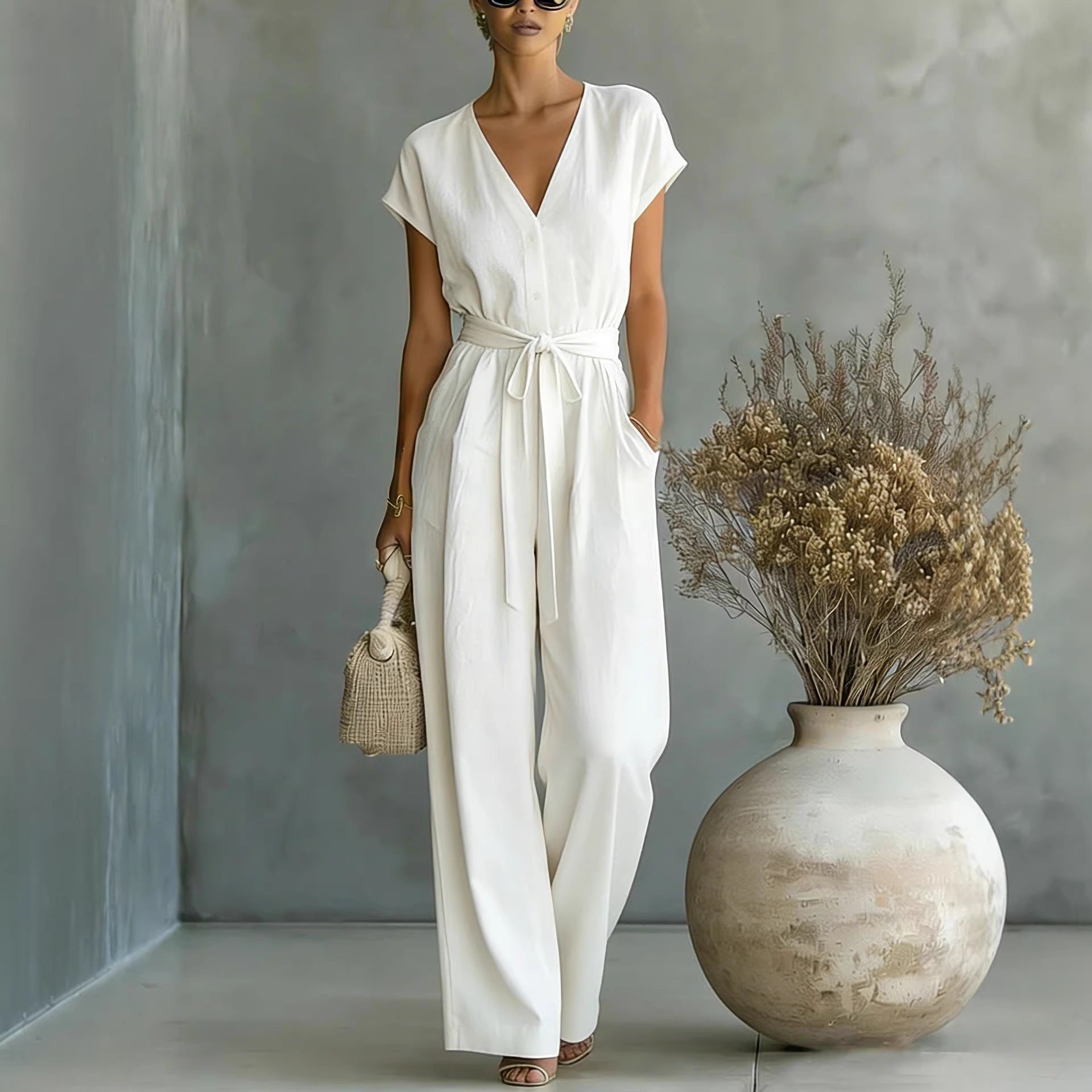 Button-front Belted V-neck Jumpsuit