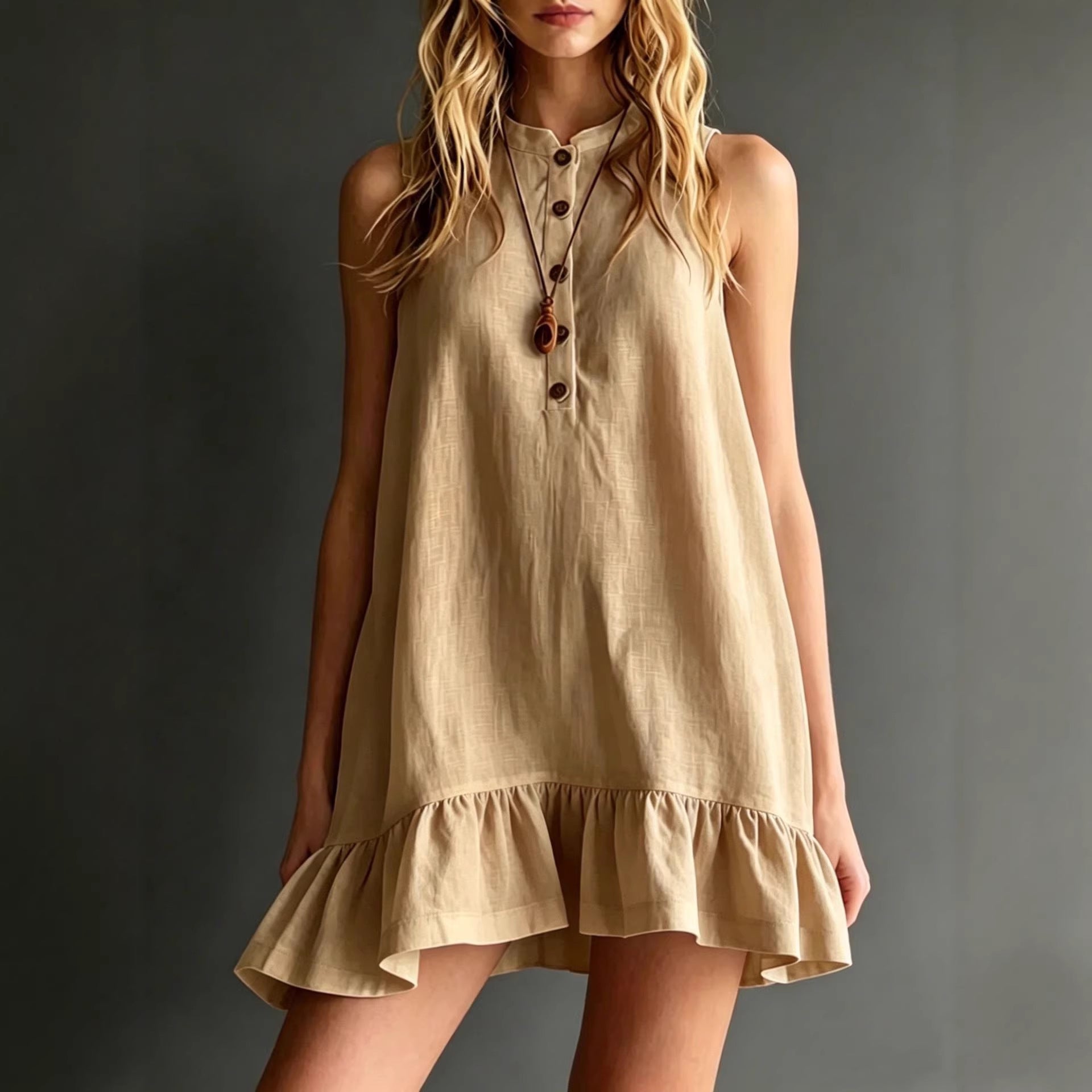 Cotton-Linen Solid-Color Stand Collar Sleeveless Ruffle-Trim Dress
