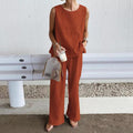 Womens Loose Solid-Colored Shirt And Pants Two-Piece Set