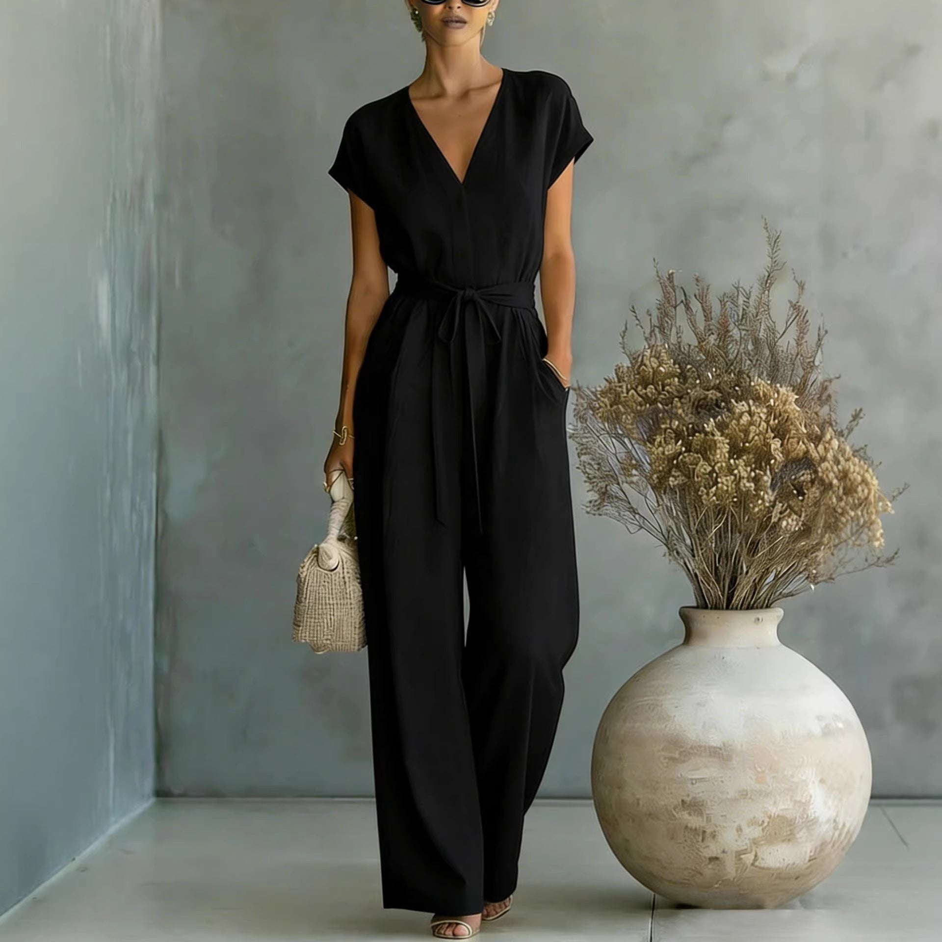 Button-front Belted V-neck Jumpsuit