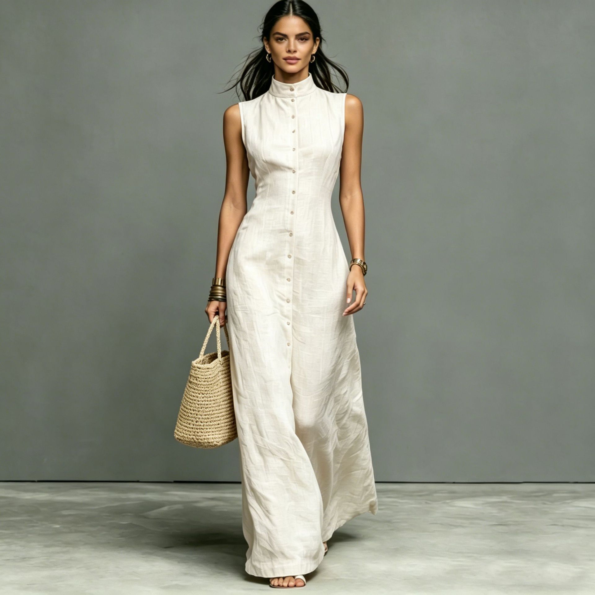 Blended Fabric Stand-up Collar Single-breasted Sleeveless Maxi Dress