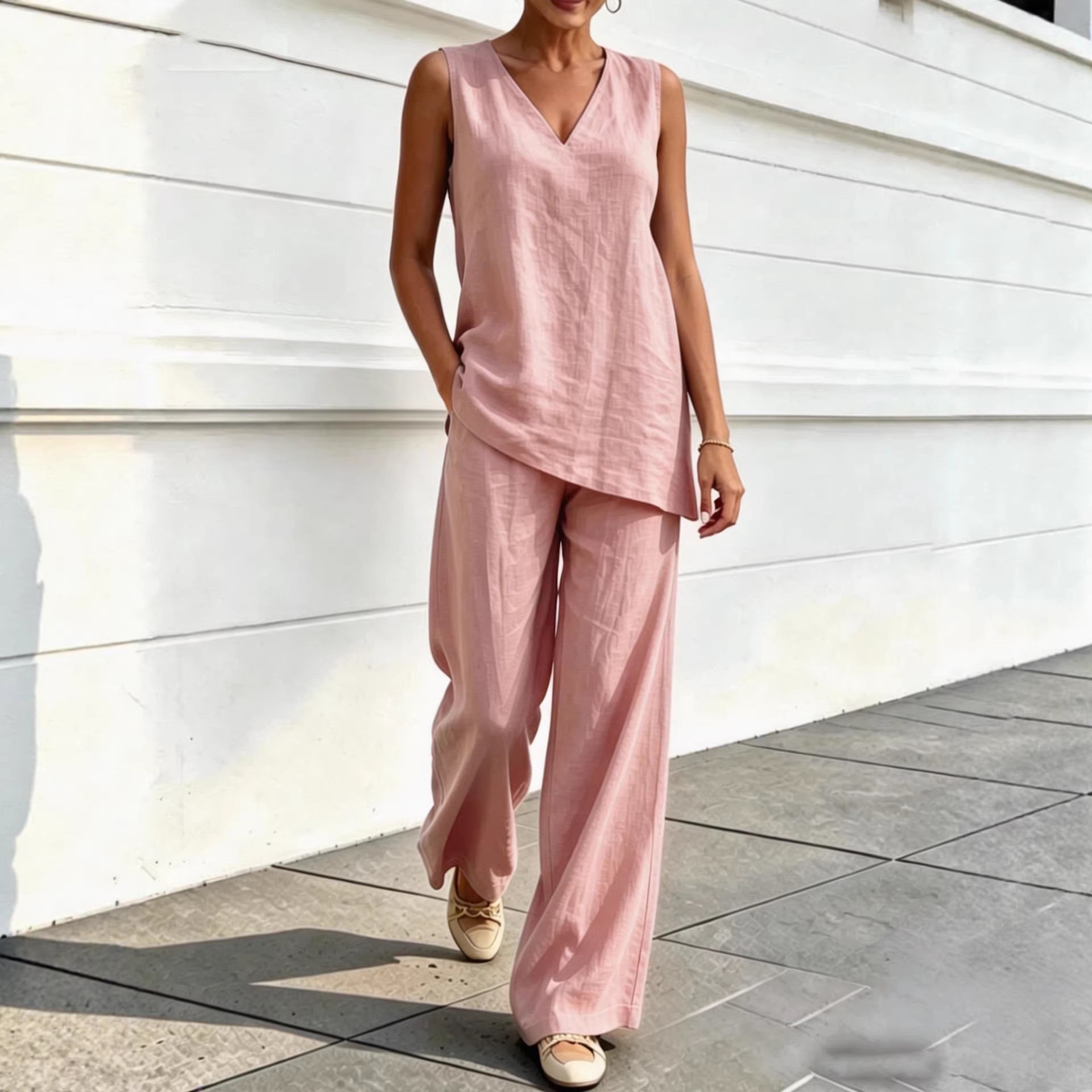 Womens V-neck Sleeveless Cotton-Linen Top And Wide-Leg Pants Set