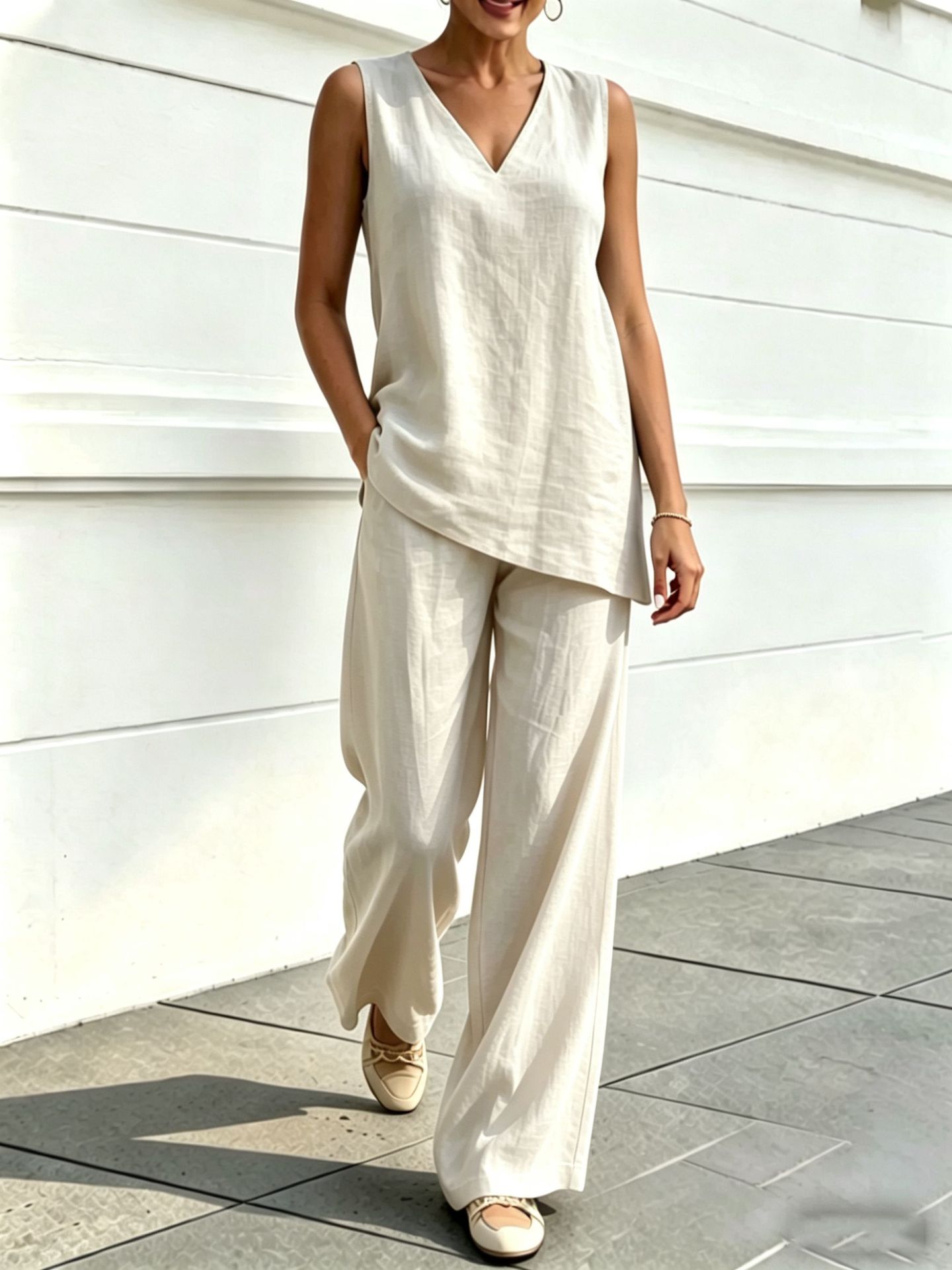 Womens V-neck Sleeveless Cotton-Linen Top And Wide-Leg Pants Set