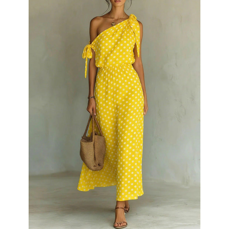 Polka-dot Off-shoulder One-shoulder Womens Dress